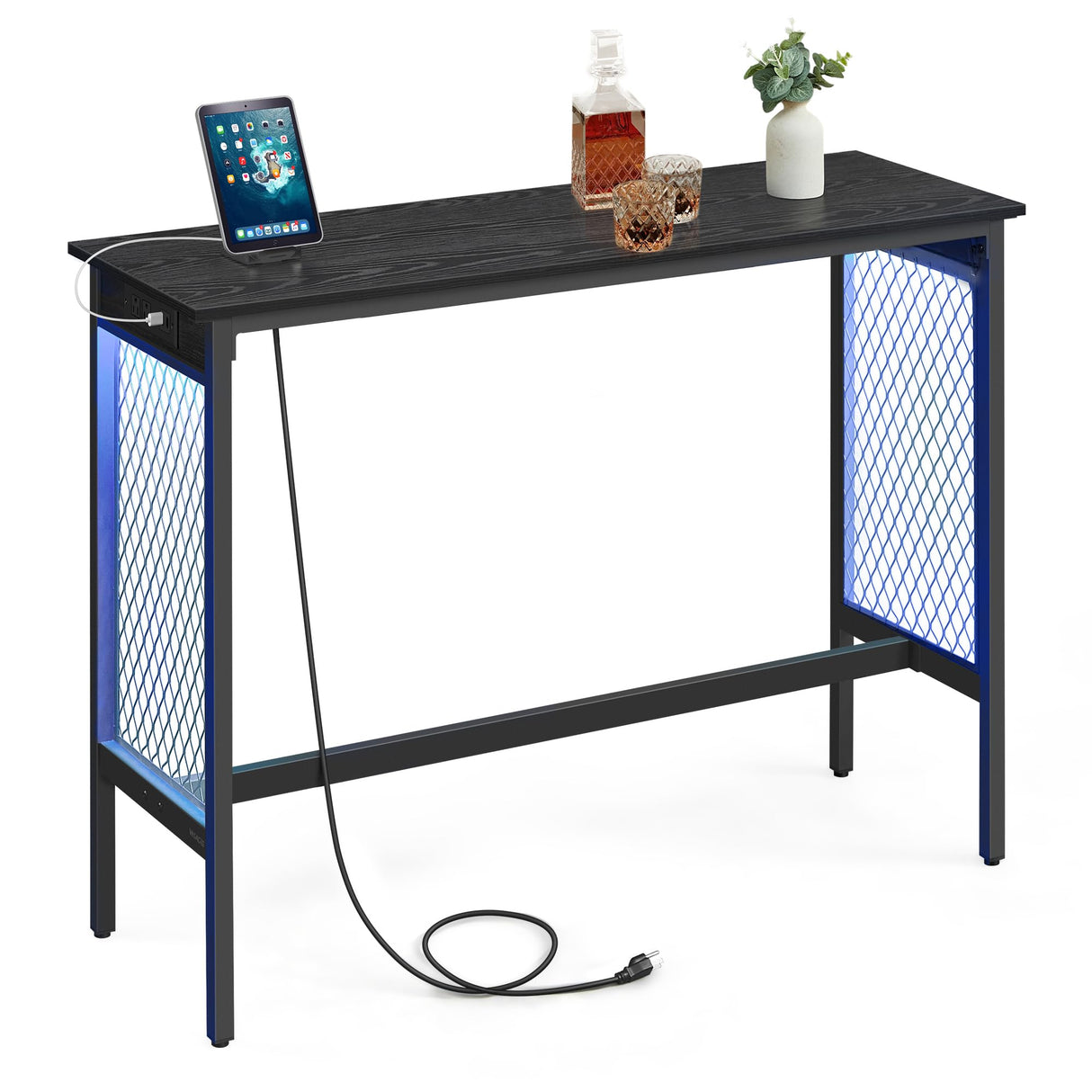 VASAGLE 47.2" Long Bar Table with Charging Station, LED Lights, Narrow Counter Tables Rectangular Couch Sofa Table, Metal Mesh Panels Frame, High Top Pub Table for Kitchen Living Room Party, Black VASAGLE