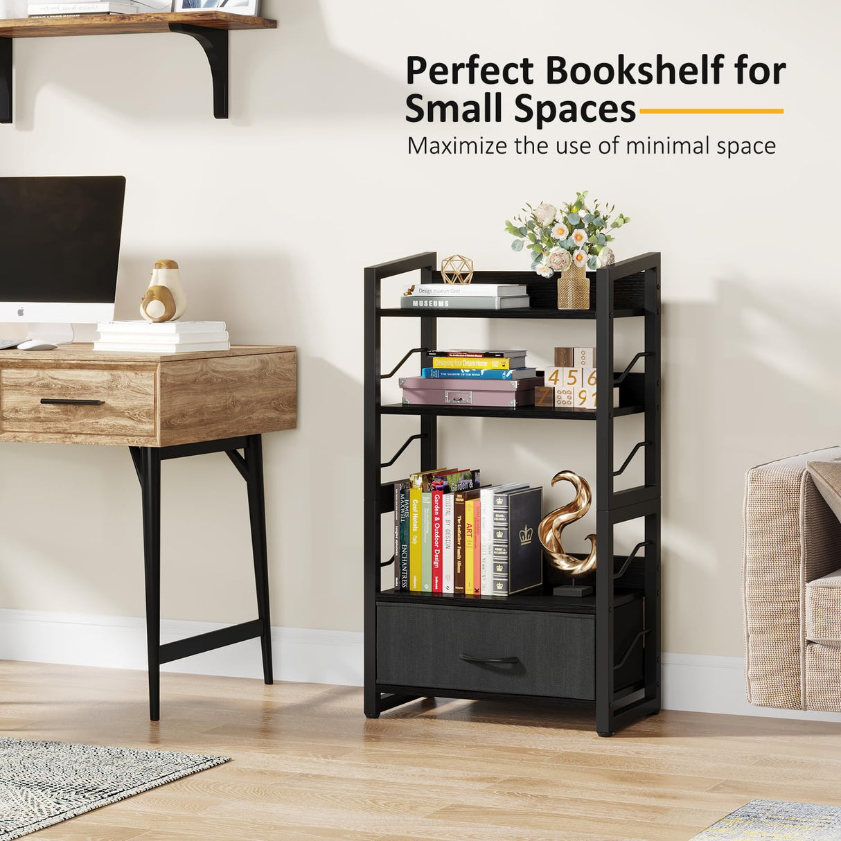 Hosfais Small Bookshelf with Drawer: 4-Tier Wood Book Shelf Industrial Narrow Bookcase Storage Organizer Metal Stackable Shelves for Desktop Bedroom Living Room Home Office (Black) Hosfais