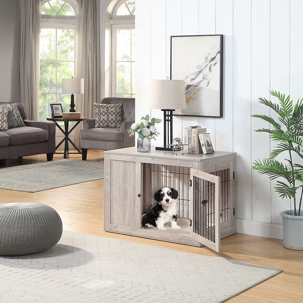 unipaws Furniture Style Dog Crate for Medium Dogs, Indoor Aesthetic Puppy Kennel with Door, Modern Decorative Wood Wire Pet House Dog Cage, Pretty Cute End Side Table Nightstand, Weathered Grey unipaws