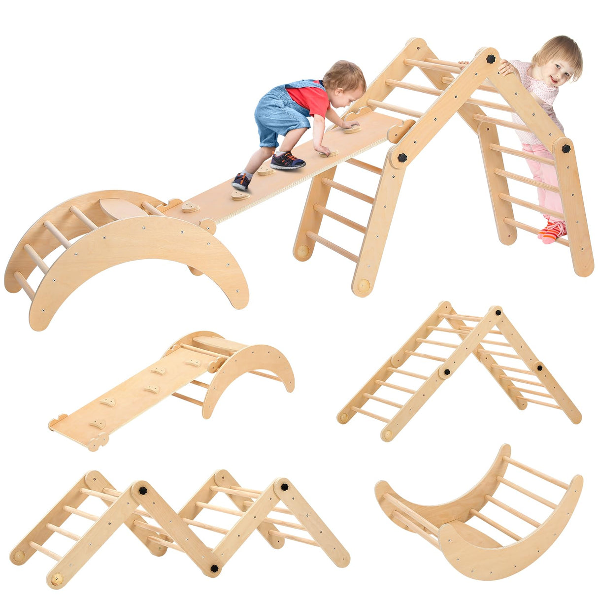 Dripex Deformable Pikler Triangle Set, Large Montessori Climbing Set with Over 20 Playing Modes, Pikler Triangle with Slide Arch Rocker, Premium Early Learning Climbing Toys for Toddlers 1-3 Inside Dripex