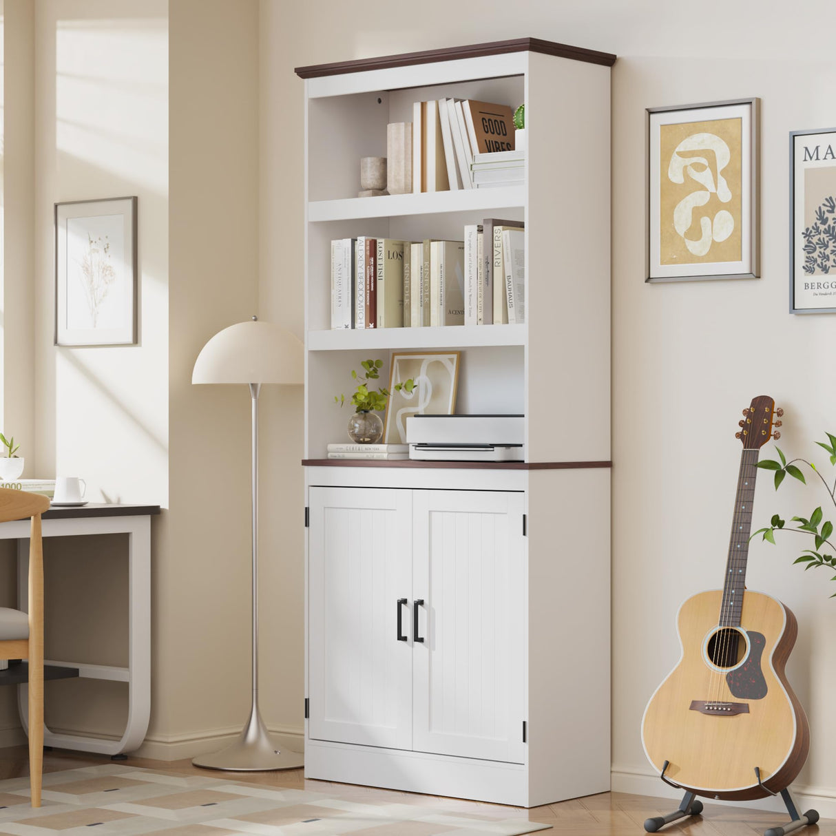 MHOM 71" Tall Bookshelf with Doors, 5 Tiers Farmhouse Bookcase with Adjustable Shelves, Wooden Rustic Display Cabinet for Home Office, Living Room, White MHOM