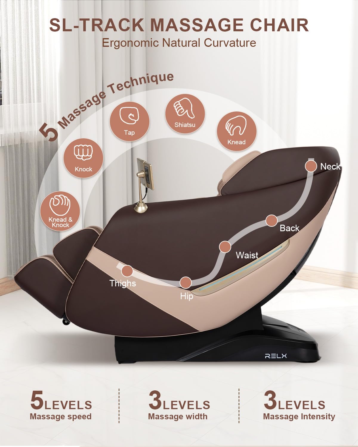 RELX 2025 Massage Chair Full Body, Zero Gravity Airbag Shiatsu Massage Chair with SL-Track, Heating, AI Control, Body Scan, 13 Modes, Foot Rollers, and Deep Yoga Stretch (Coffee) RELX
