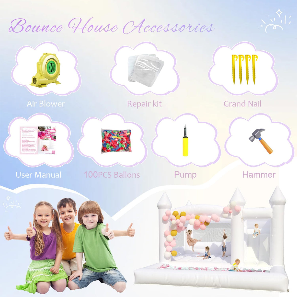 Commercial White Bounce House for Adults Kids, 100% PVC Commercial Bounce House with Ball Pit&Slide, Adult Bounce House with Blower, Inflatable Balloon Bubble House Wedding, 13x13x10FT Relunch