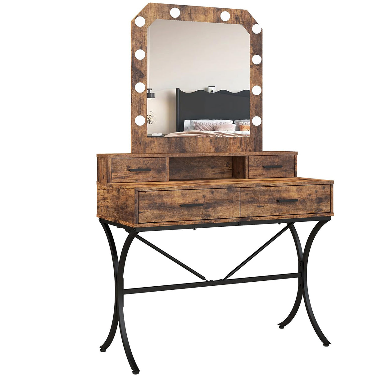 Vanity Table with Lighted Mirror, Modern Makeup Vanity Table with 10 Lights Makeup Desk 4 drawer Storage Dressing Table for Bedroom (Brown) Panana