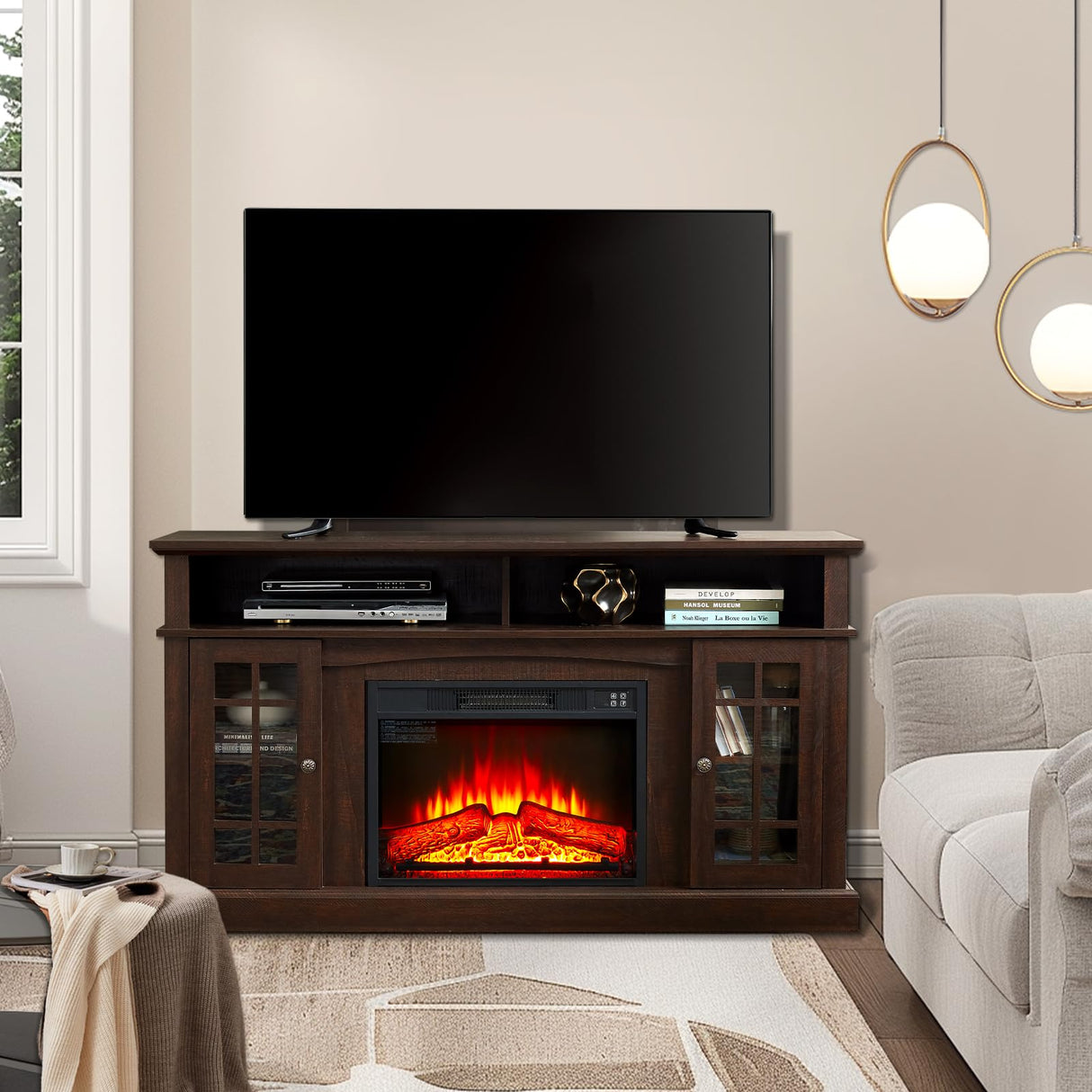 Electric Fireplace TV Stand,Contemporary TV Media Stand,Modern Entertainment Console with 23" Fireplace Inset, TV Media Stand with Storage Space, Media Console for Living Room Bedroom,Espresso Firscook