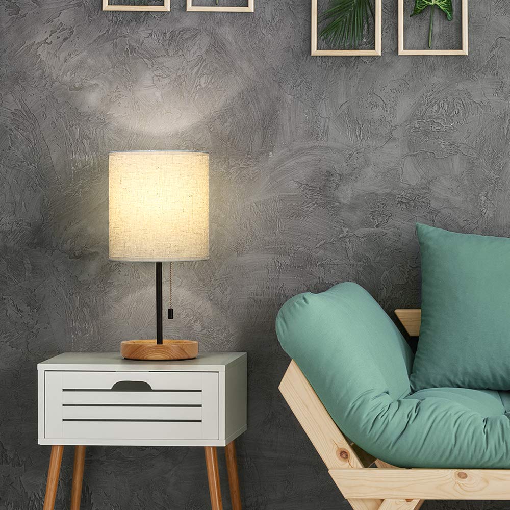 Modern Table Lamp, Nightstand Desk Lamp, Bedside Lamp With Wood Base And Linen Shade For Living Room, Bedroom, Office, College Dorm CADUKE