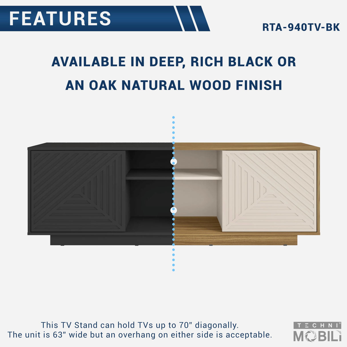 Techni Mobili Modern TV Stand for Screen TVs Up to 70” When Measured Diagonally – Black TV Stand with 2 Storage Cabinets with Patterned Doors and Open Shelves – Black Techni Mobili