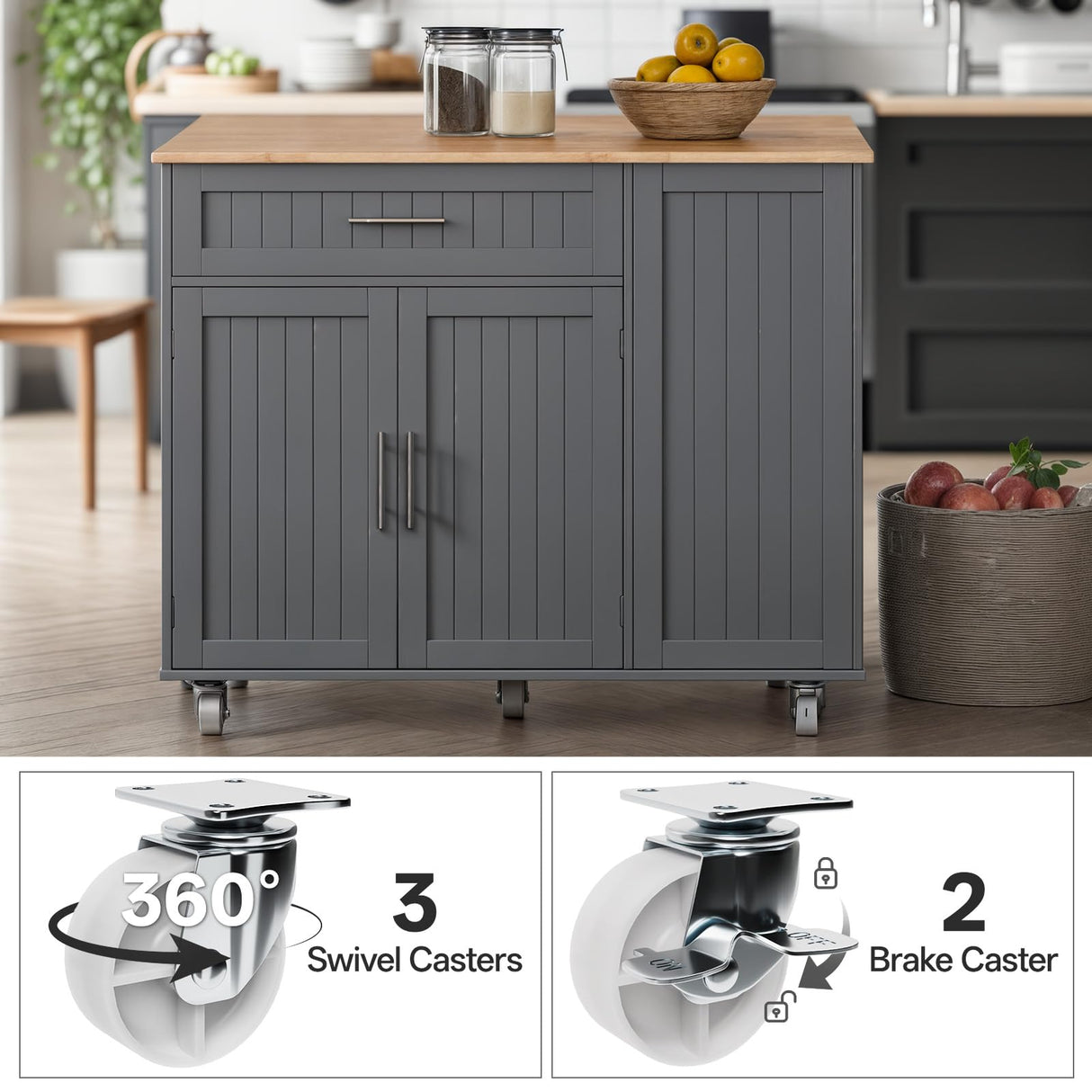 43.3" Rolling Kitchen Island Cart with Drop Leaf & Storage - Mobile Kitchen Organizer with Wheels, Rubberwood Top, Trash Bin Cabinet & Towel Rack, Farmhouse Style for Small Spaces Grey LotaTools