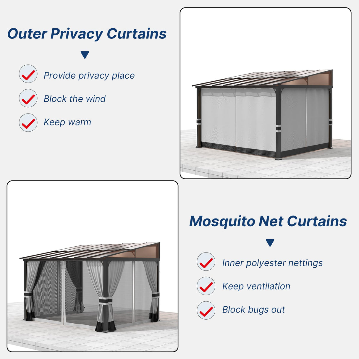 Gotland 10FTx12FT Outdoor Wall-Mounted Hardtop Pergola, Metal Frame Gazebo with Sloping Sun Panel Roof and Double Curtains for Patio, Garden, Lawn, Grey Gotland