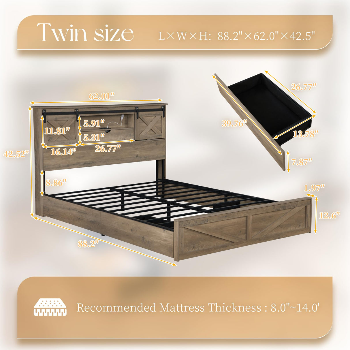 HMYFGD Farmhouse Queen Size Bed Frame with Storage Bookcase Headboard, Wooden Bed with LED Lights, Charging Station, 2 Drawers, Rustic Bed Frame with Sliding Barn Door for Bedroom (Grey Oak, Queen) HMYFGD