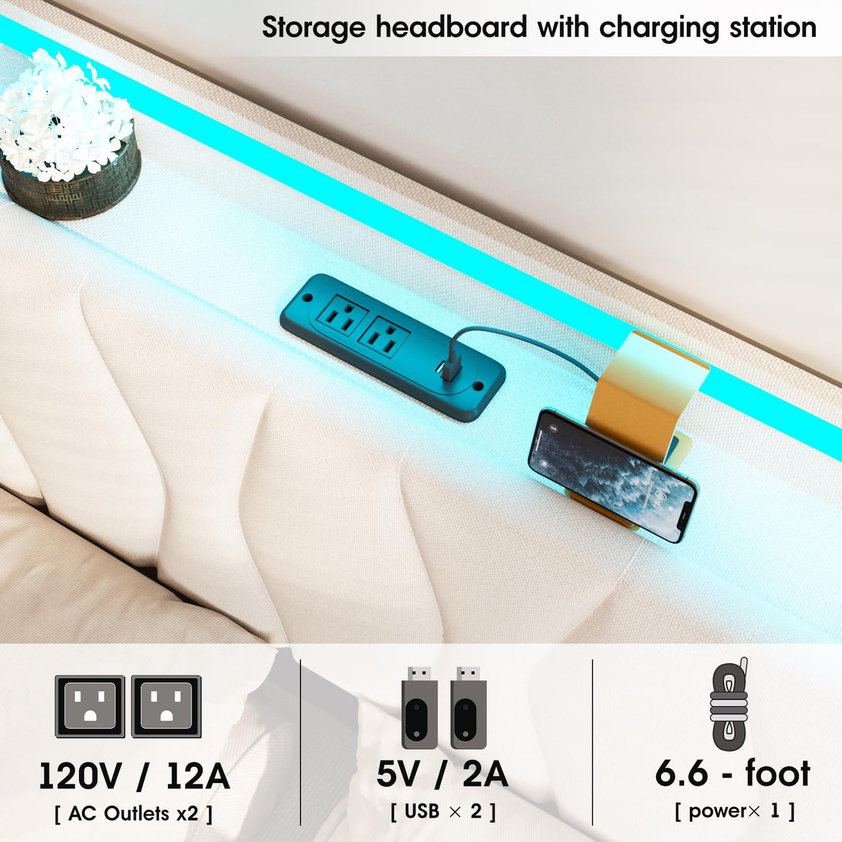 King Size Lift Up Storage Bed Frame, Height Adjustable Storage Headboard with Charging Station, LED Lights Upholstered Platform Bed, Wooden Slat, No Box Spring Needed, Noise-Free, Beige Fameill