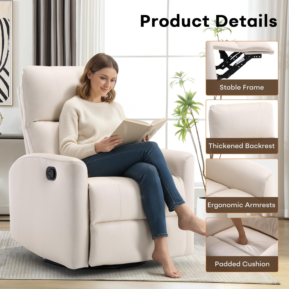 HAOMARKETS Swivel Rocker Recliner Chair, Manual Faux Leather Glider Rocking Recliners for Adults, 360° Swivel Nursery Reclining Sofa with Padded Backrest for Living Room, White HAOMARKETS