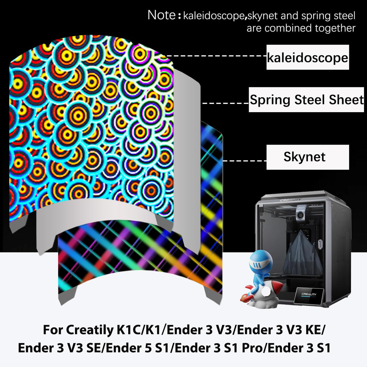 Wefuit Smooth Kaleidoscope+Skynet Pattern Build Plate for Creality K1/ K1C/Ender 3 S1/Ender 5 S1/Ender 3 S1 Pro/Ender 3 V3 KE/Ender 3 V3 SE,235x235mm Flexible Spring Steel Plate 3D Printer Platform Wefuit