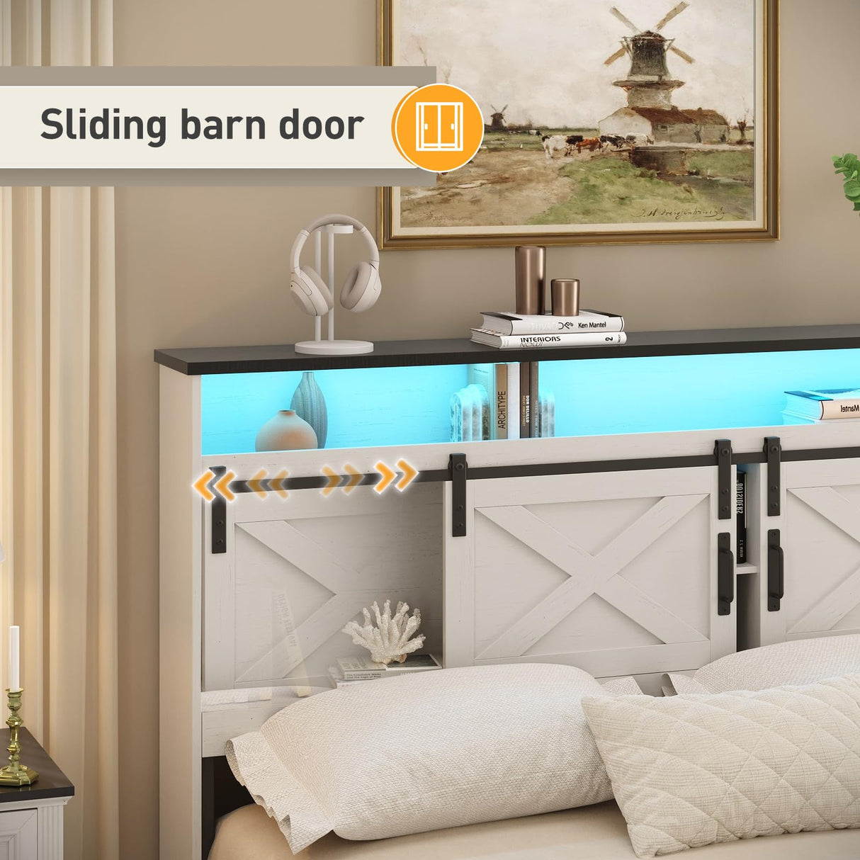 Maupvit Full Size Farmhouse Bed Frame with 4 Drawers and Sliding Barn Door, Storage Shelves, LED Light and Charging Station Metal Platform Bed Frame No Box Spring Needed, White Maupvit