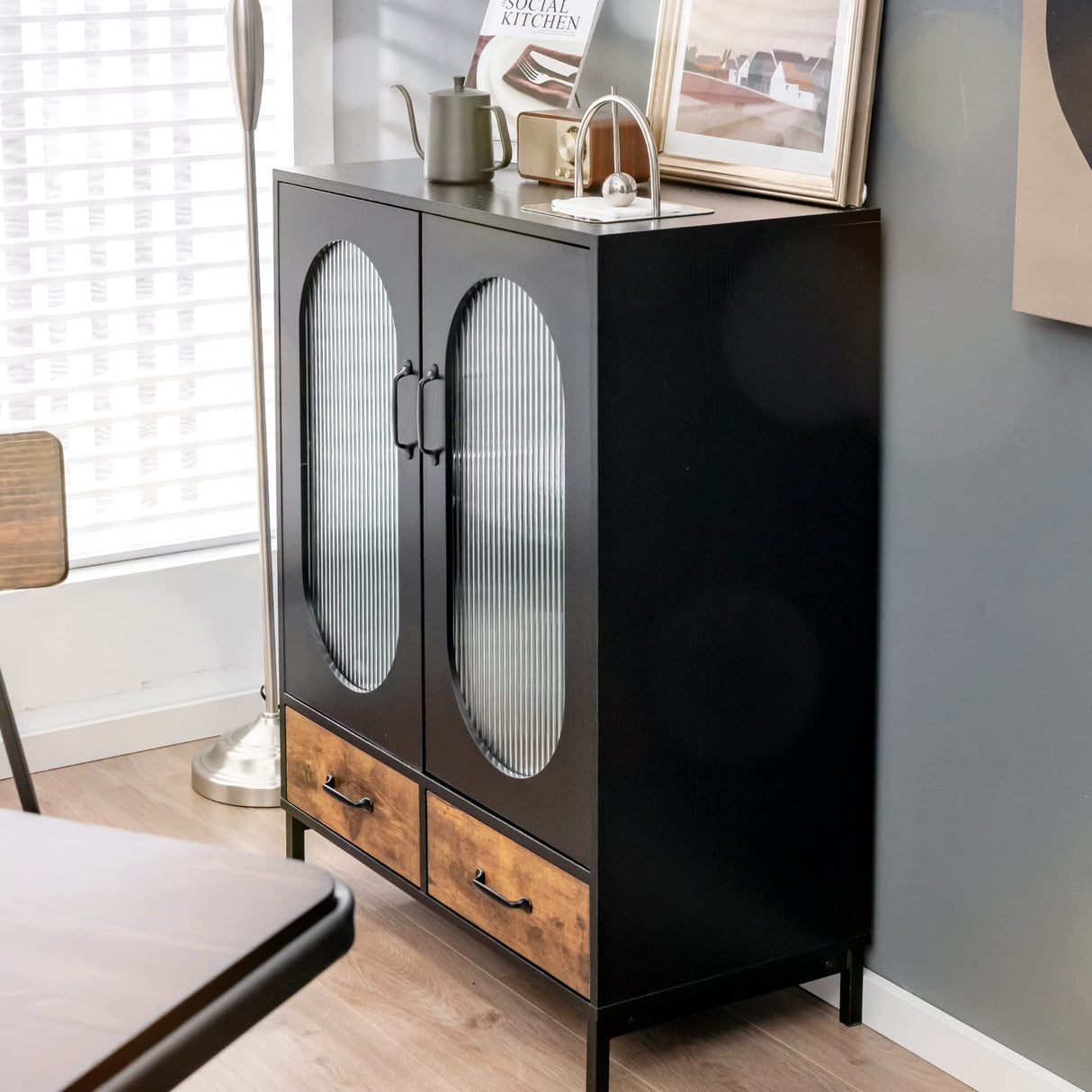 LOKO Buffet Cabinet with Storage, Kitchen Sideboard Cabinet with Tempered Glass Doors and Drawers, Industrial Style Cupboard Credenza Storage Cabinet, 31.5 x 16 x 39.5 inches LOKO