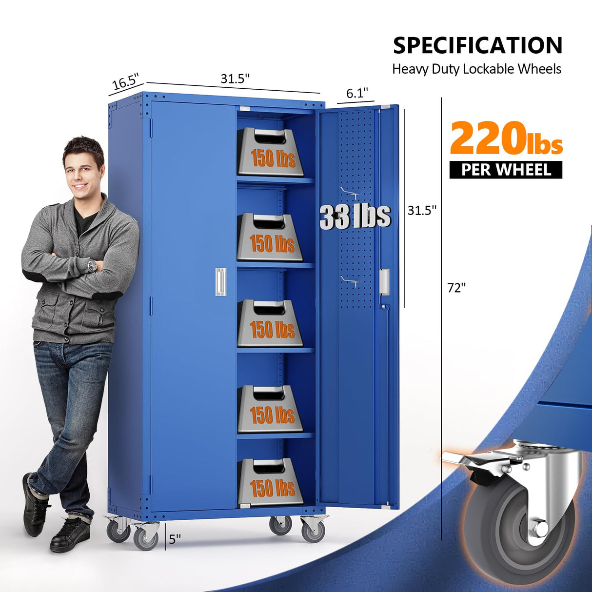 VINGLI 72'' Tall Metal Garage Storage Cabinet with Pegboards, Wheels, Locking Doors and Adjustable Shelves, File Cabinet/Tool Cabinet for Home Office/School (Blue, 32W x 16D x 72H) VINGLI