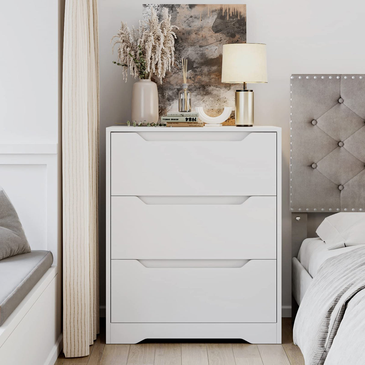 HOSTACK Modern 3 Drawer Dresser, Wood Chest of Drawers with Storage, Tall Nightstand with Cut-Out Handles, Side End Table, Accent Storage Cabinet for Living Room, Entryway, White HOSTACK