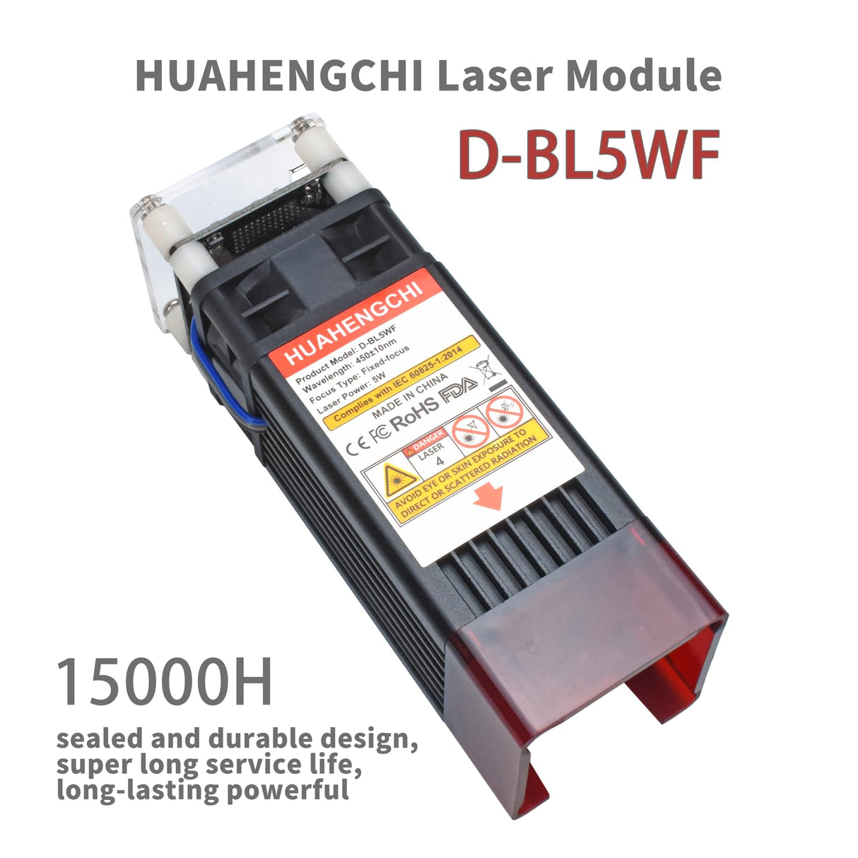 HUAHENGCHI 5000mW(5W) Laser Engraver Module w/Wind Gathering Hood, 450nm 23mm Fix Focus Laser Head for CNC Machines, DIY Laser Engraving Tool Suitable for Metal Wood Acrylic Paper, Class 4, 12V HUAHENGCHI