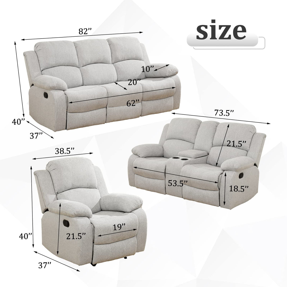Recliner Sofa Set Microfiber Fabric, Living Room Furniture Set, Manual Reclining Living Room Sofa Set 3 Piece (Grey White) Generic