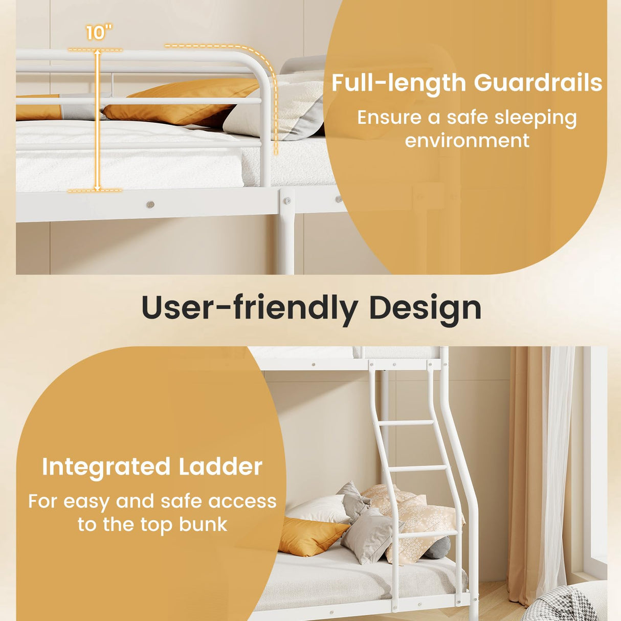 Giantex Metal Bunk Beds Twin Over Full Size, Heavy Duty Bunk Bed for Teens Adults with Ladder & Guardrails, Space Saving Metal Bunk Bed for Dorm, Bedroom, Apartment, No Box Spring Needed (White) Giantex