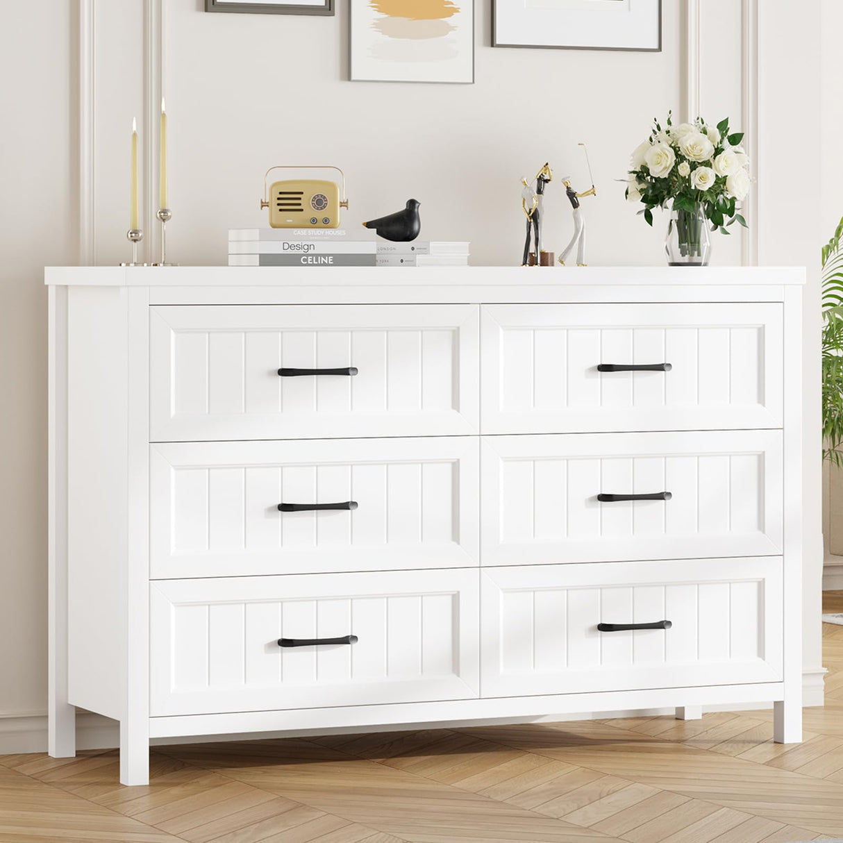 Jocoevol White Farmhouse 6 Drawer Dresser for Bedroom - Large Double Dressers TV Stand with Deep Drawers Dressers for Hallway, Entryway - Off White Jocoevol
