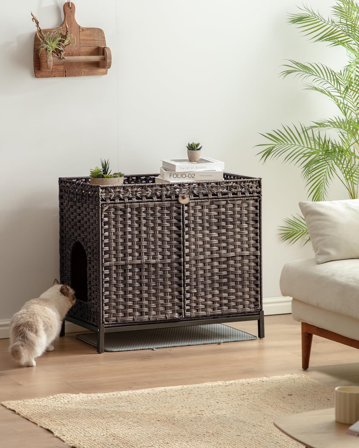 SETVSON Cat Litter Box Enclosure Furniture, Hidden Handwoven Rattan Litter Box with Mat, Large Cat House with Metal Heightened Feet, 30.3 x 18.3 x 28 Inches, Indoor for Living Room, Bedroom Brown SETVSON