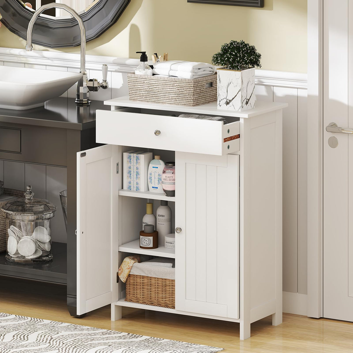 Tangkula Bathroom Storage Cabinet, Freestanding Floor Organizer w/ 2 Doors, 1 Drawer & 1 Adjustable Shelf, Modern Home Bathroom Furniture for Living Room Entryway Kitchen (Cabinet & Drawer, White) Tangkula