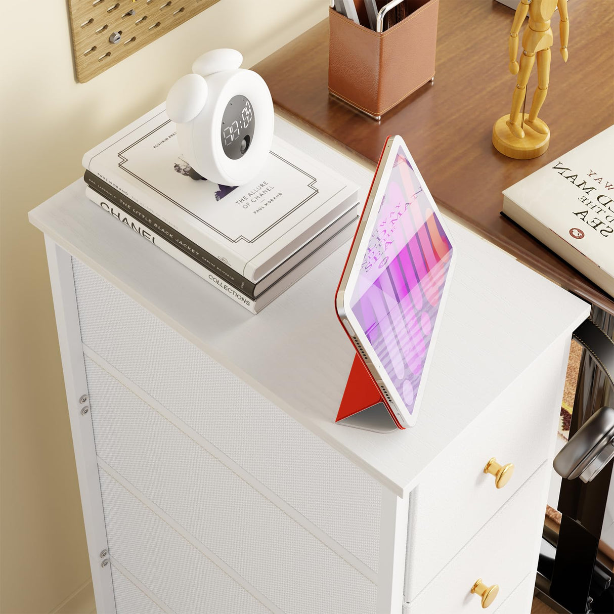 Fixwal Narrow Storage Cabinet, Dresser with 4 Drawers, Slim Fabric Dresser Storage Tower for Small Spaces, White Dresser with Steel Frame, Wood Top, for Bedroom, Bathroom, Living Room, Laundry, Closet Fixwal