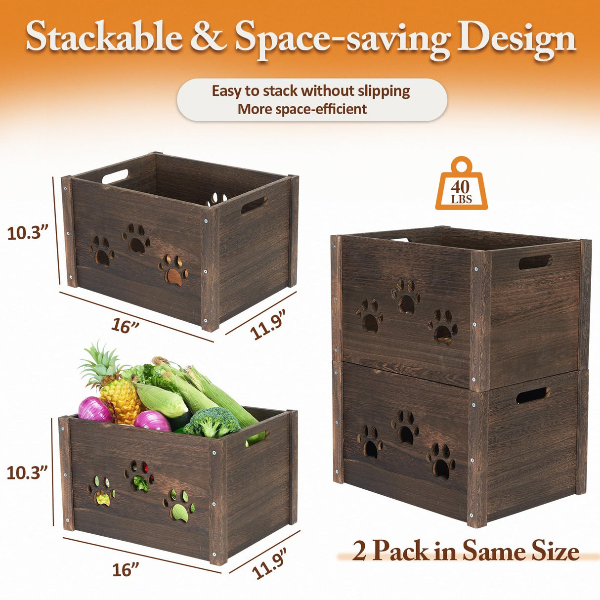 Edergoo Wooden Crates 2 Pack, Hollow Claw Wooden Crates for Display, Farmhouse Handmade Wood Crate with Handles, Rustic Durable Wooden Crates for Storage, Large Decorative Wooden Crate Box for Display Edergoo