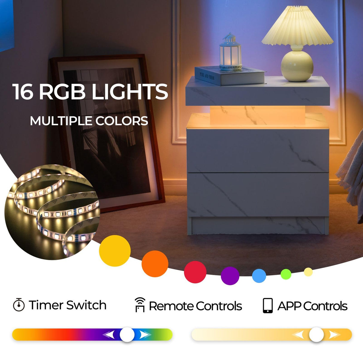 i-aplus Night Stand set 2 LED Nightstand with 2 Drawers Bedside Table with LED Lights Side Tables for Bedroom Living Room i-aplus