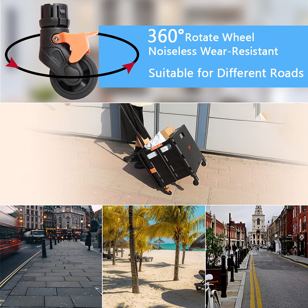 FELICON SELORSS Foldable Utility Cart Folding Portable Rolling Crate Handcart with Heavy Duty Telescoping Handle Collapsible 4 Rotate Wheels for Travel Shopping Move Luggage Office Use(Black+Black) FELICON