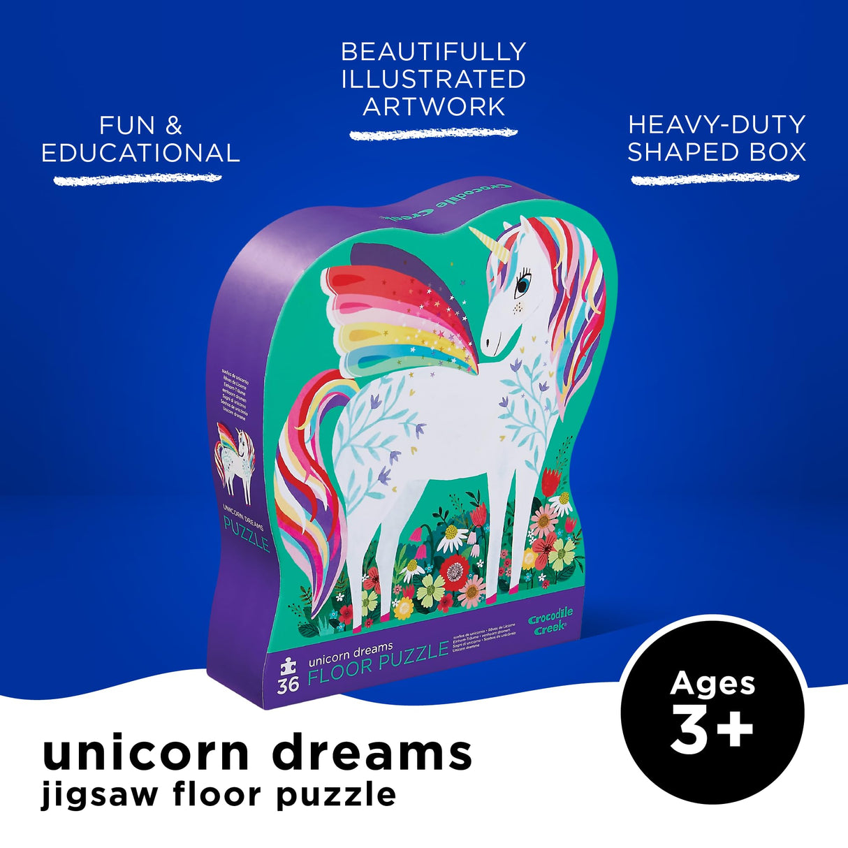 Crocodile Creek 36-Piece Jigsaw Floor Puzzle - Fun Floor Puzzles for Kids Ages 3-5 - Heavy-Duty Shaped Box for Storage - Unicorn Dreams - 27" W x 20" H Finished Crocodile Creek