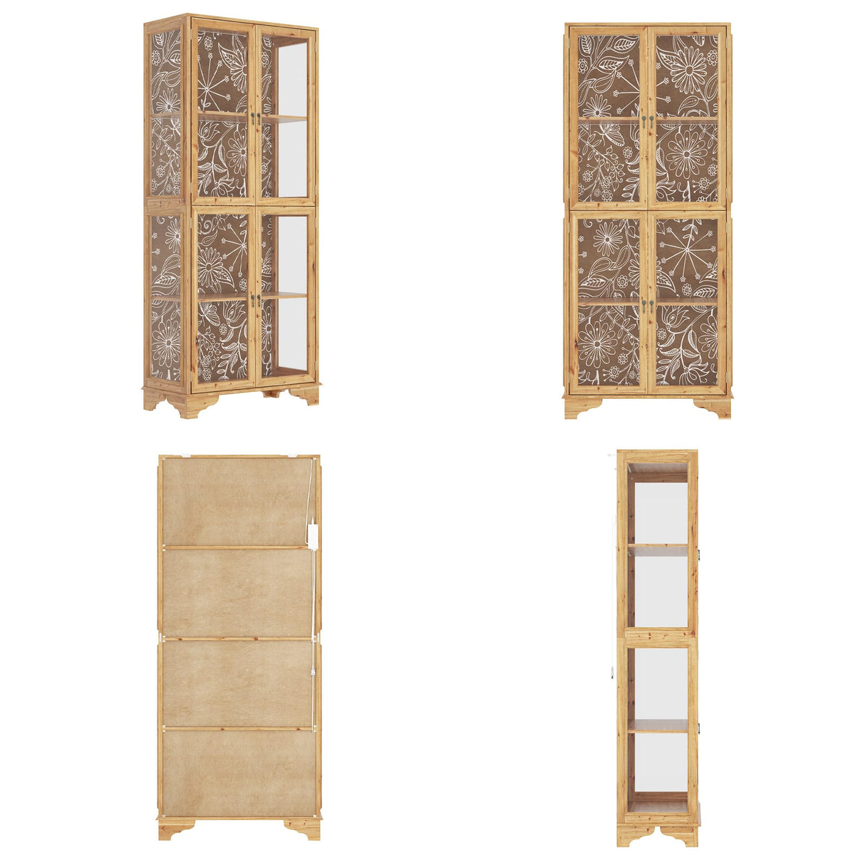 WOODTIME 74.2" H Display Storage Cabinet with 3-Color Lights, Glass Doors & Solid Wood Frame, Curio Cabinet Bookcase Bookshelf with Patterned Backpanel for Living Room Home Office, Light Brown WOODTIME