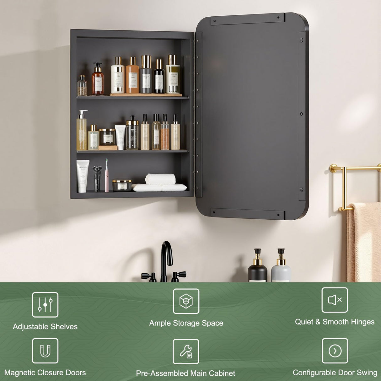 Venlus 16x24 Recessed Medicine Cabinet with Mirror - Black Mirrored Medicine Cabinets for Bathroom Vanity, Bathroom Mirror with Storage & Heavy Metal Frame, Adjustable Shelves, Surface Wall Mount Venlus