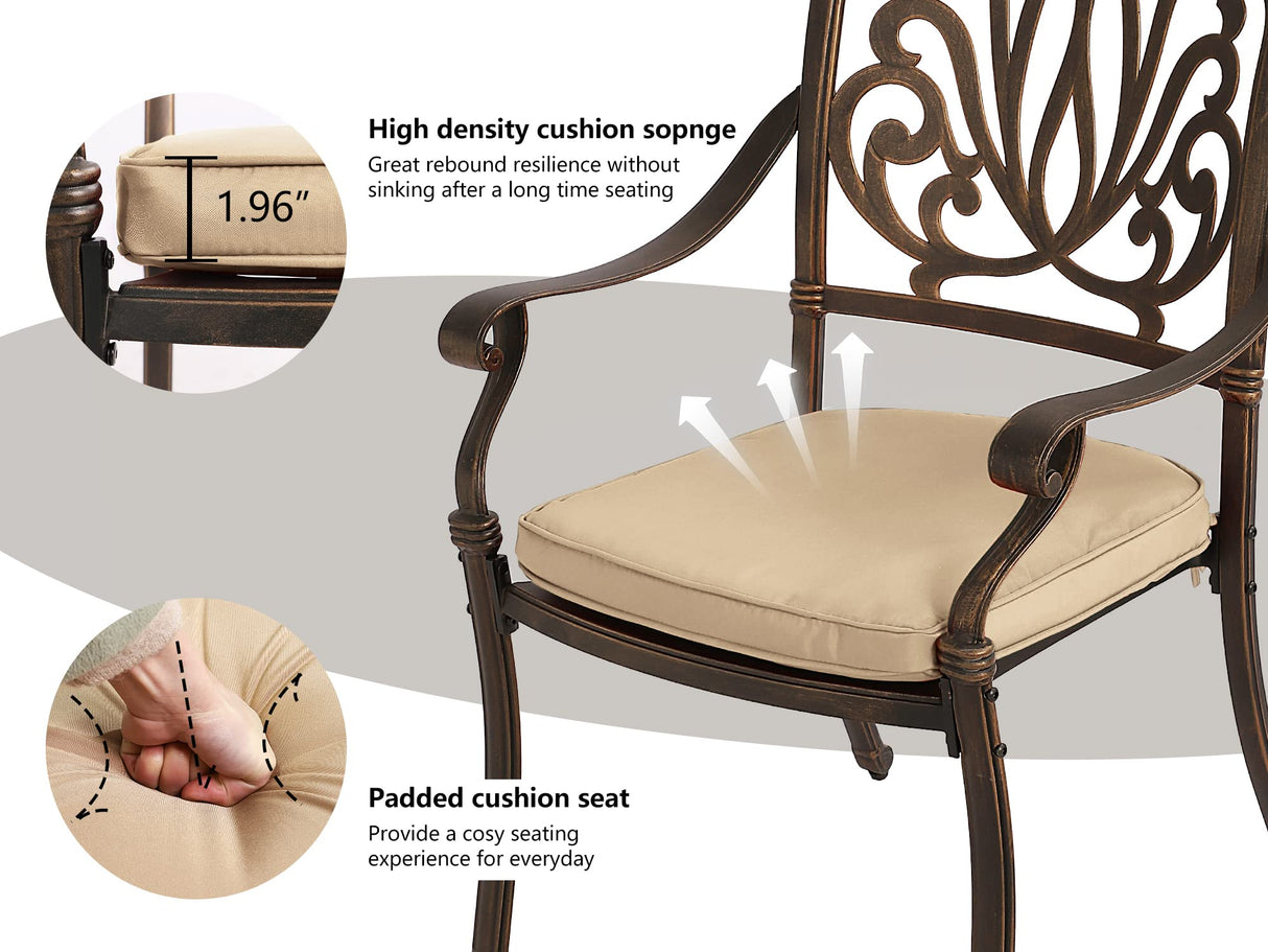 Grepatio 9 Piece Cast Aluminum Patio Furniture Set Outdoor Dining Set Bistro Furniture Set with 8 Armchairs and Dining Table, 8 Cushions for Backyard Garden Poolside (Khaki) Grepatio