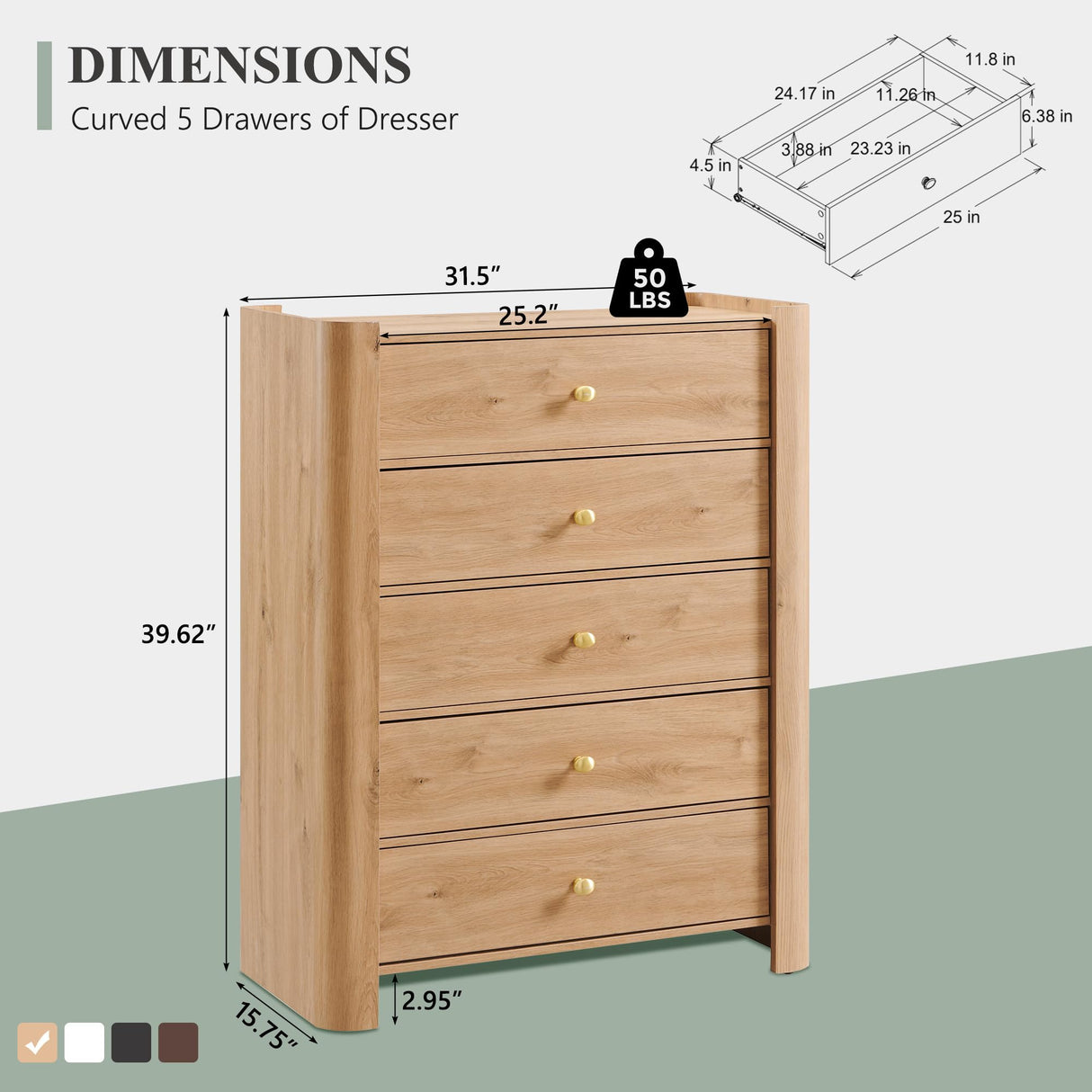 IFGET Modern 5 Drawer Dresser for Bedroom, Wooden Chest of Drawers with Curved Profile Design, 39.6" Tall Wood Dresser with Golden Metal Handle for Bedroom, Living Room, Hallway, Natural IFGET
