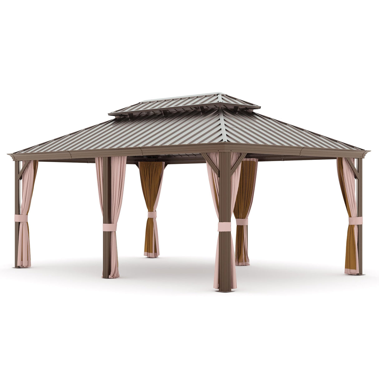 Joyside 12' X 18' Double-Tier Hardtop Gazebo, Aluminum Metal Gazebo with Iron Material Roof, Curtain and Netting, Permanent Gazebo Pavilion for Patio, Backyard, Deck, Lawn Joyside