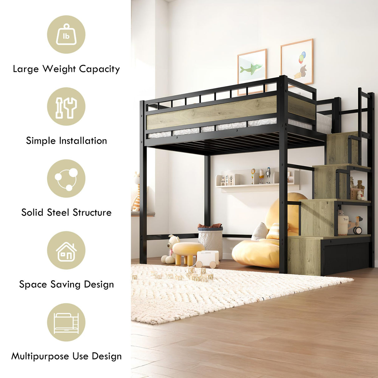 soges Twin Size Metal Loft Bed with Storage Stairs & Drawers,Space-Saving Heavy-Duty Bed Frame for Teens and Junior, No Box Spring Needed, Easy Assembly, Black soges