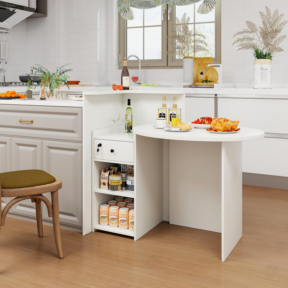 SILKYDRY Reception Desk, Small Retail Checkout Counter with Lockable Drawer and Open Shelves, Wooden Front Desk Reception Counter, Oval Desktop & L Counter for Store Office Lobby Salon (White) SILKYDRY