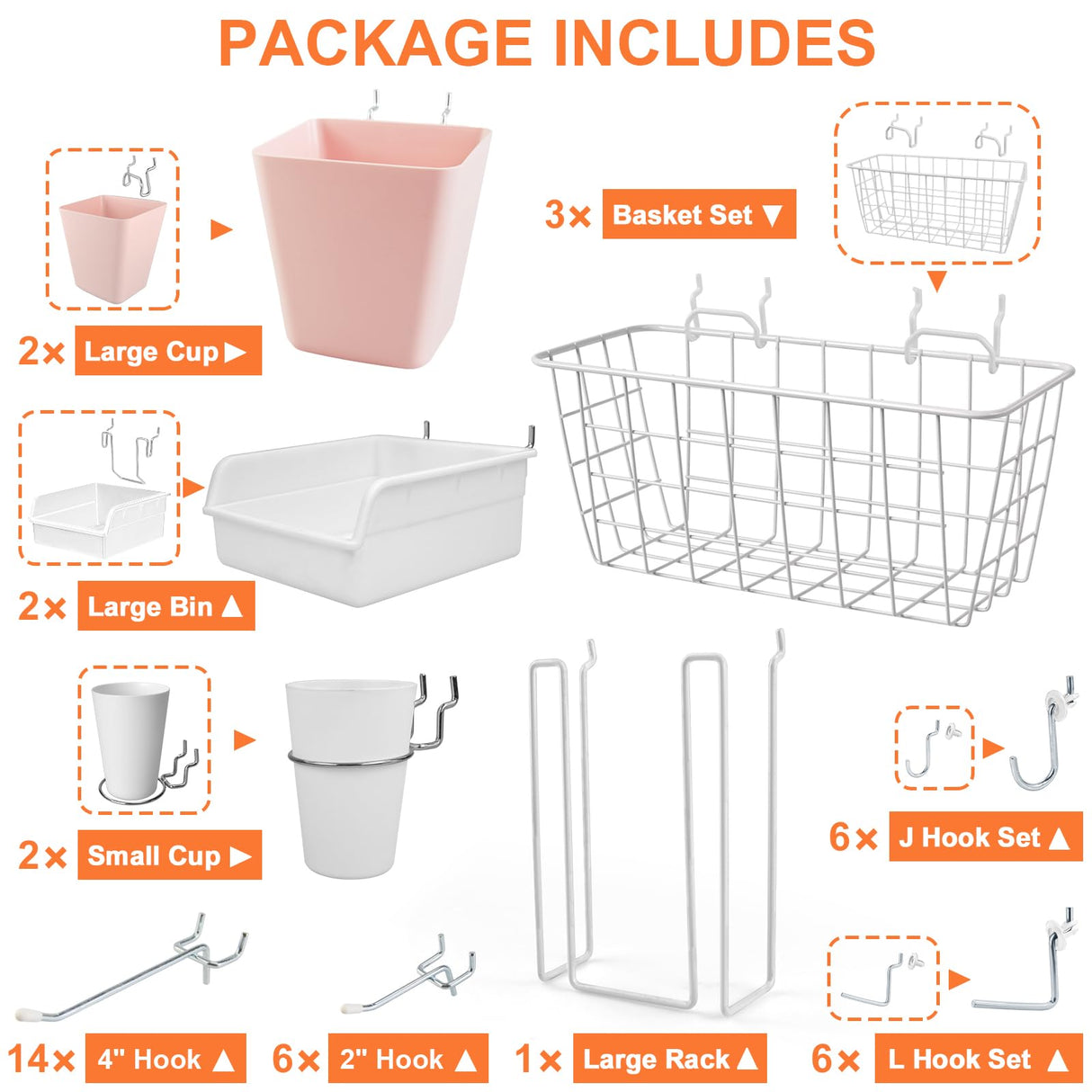 Pegboard Basket Organizers, Peg Board Large Baskets Hooks Bins Cups Tool Organizer 42 Pack Set, Wall Storage Display Hanging Accessories for Craft Office Stadio Shed Garage Organization (White & Pink) G.CORE