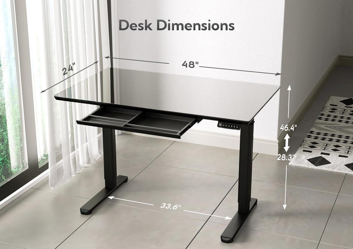 INNOVAR Glass Standing Desk with Drawers, 48×24 Inch Adjustable Stand Up Desk, Quick Install Home Office Computer Desk, Black INNOVAR