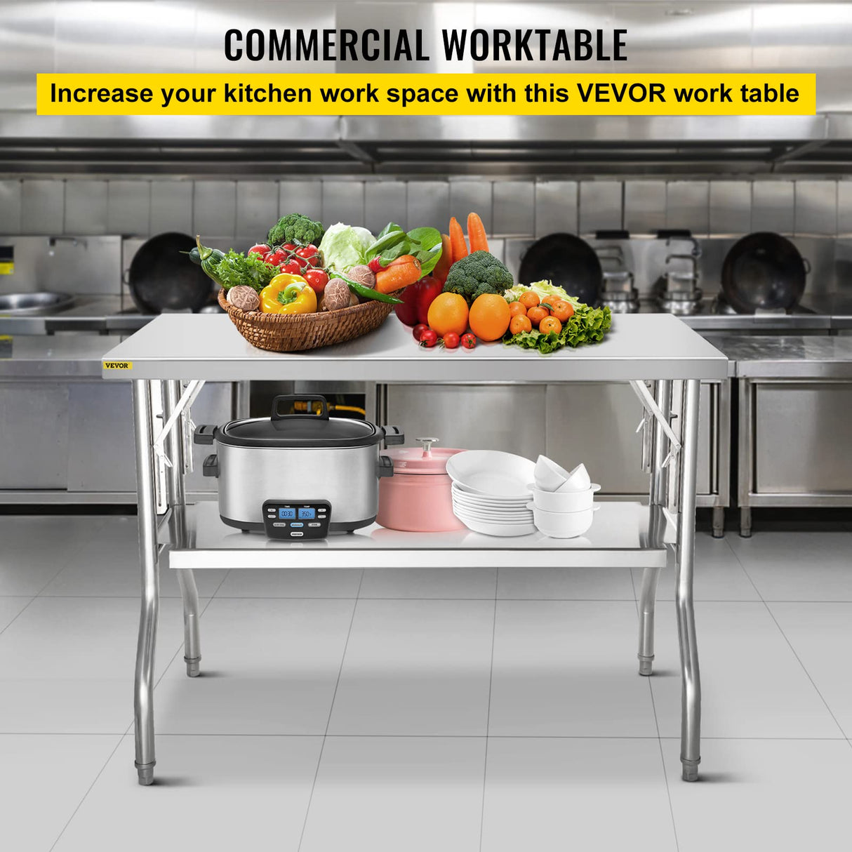 VEVOR Commercial Worktable Workstation 48 x 24 Inch Folding Commercial Prep Table, Heavy-duty Stainless Steel Folding Table with 772 lbs Load, Kitchen Work Table, Silver Stainless Steel Kitchen Island VEVOR