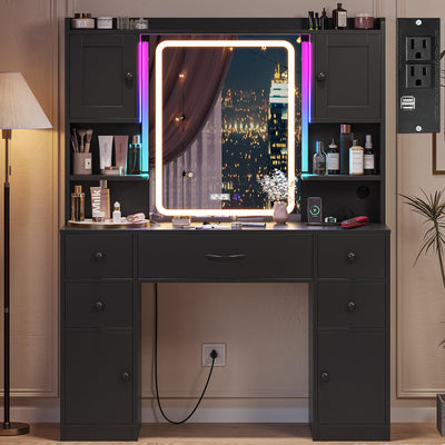Tiptiper Large Makeup Vanity with Lights, Vanity Desk with LED Mirror & Charging Station, Vanity Set with 5 Drawers, 4 Cabinets & Time Display, Black