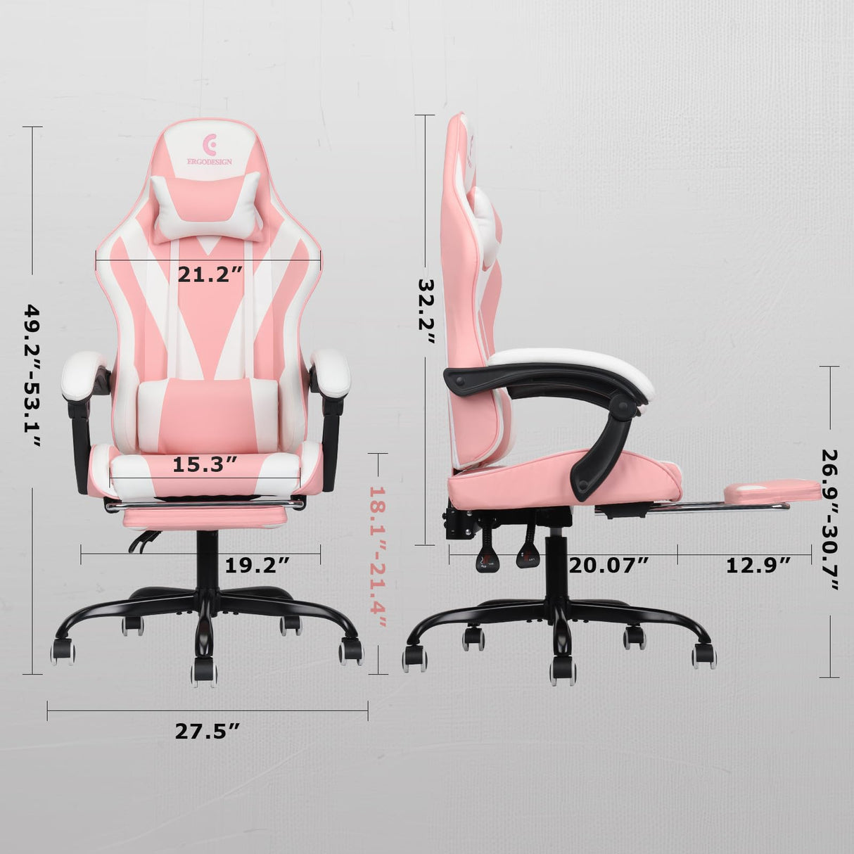 ErgoDesign Gaming Chair with Linkage Armrest & Footrest, High Back Video Gaming Chair, Pink/White ErgoDesign