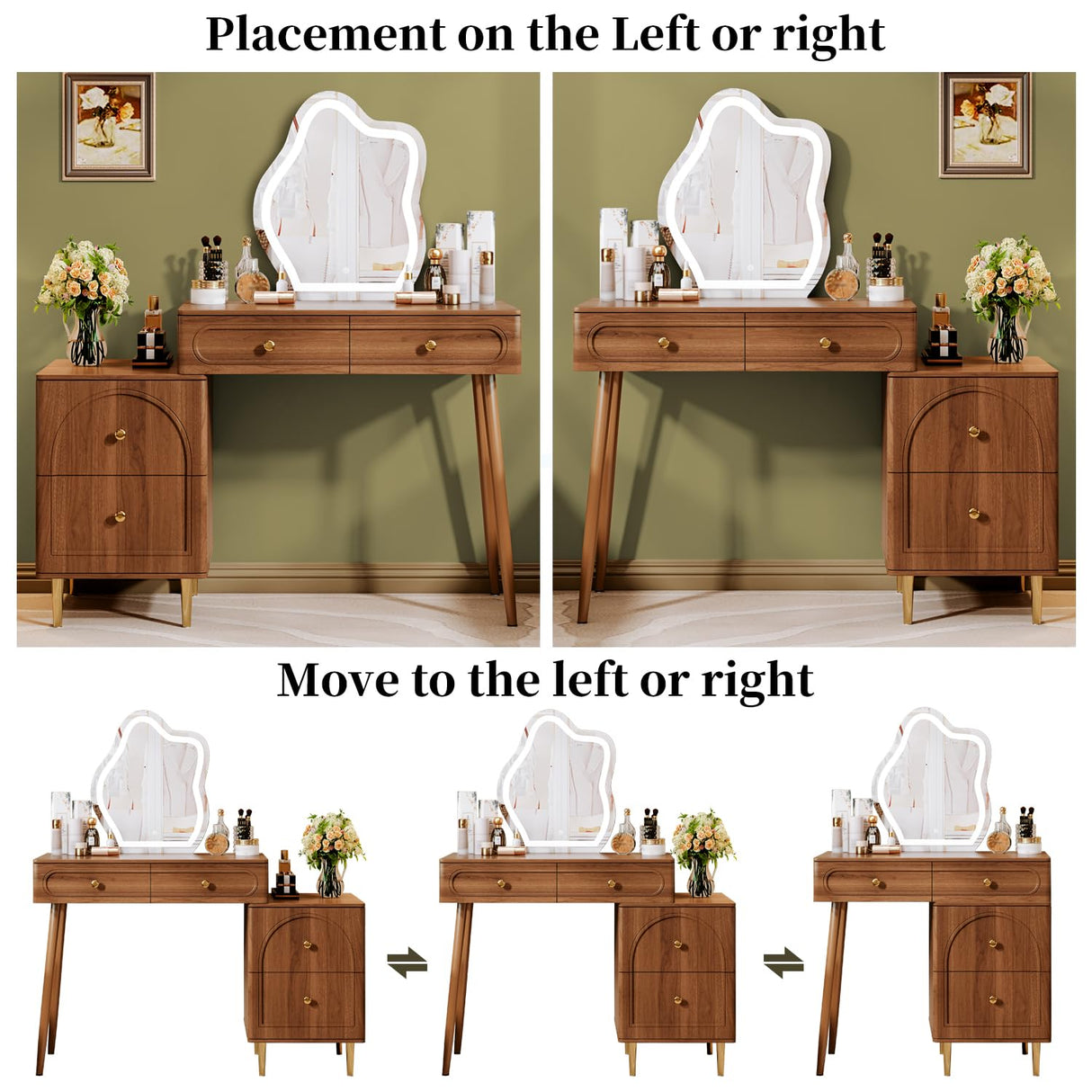 Chrangmay Stylish Corner Vanity desk with mirror and lights,Small makeup vanity with 4 drawers,Modern makeup table with Adjustable Cabinet for Bedroom,Makeup Room,Writing Desk,Brown Chrangmay