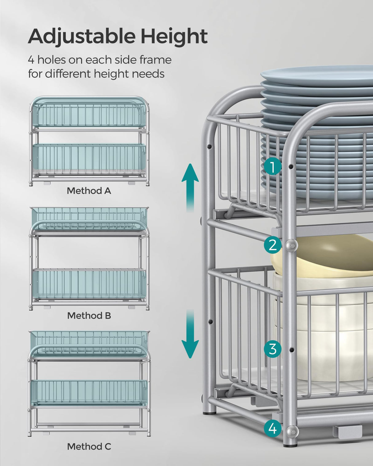 SONGMICS 2-Tier Pull Out Cabinet Organizers, Under Sink Organizer, Bathroom Organizer and Storage, Sliding Basket Drawers, Stackable for Kitchen, Bathroom, Metallic Silver UKCS017E01 SONGMICS