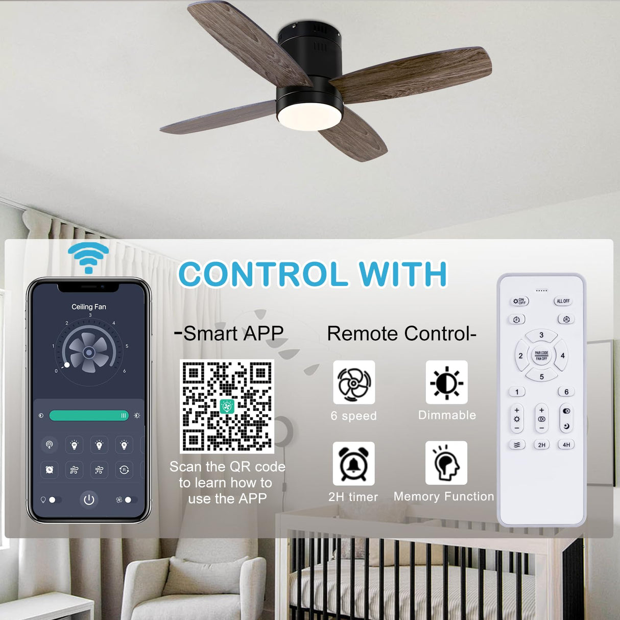 Ohniyou Ceiling Fan with Lights - 38'' Small Flush Mount Ceiling Fans Remote & APP Control - Dimmable Indoor Outdoor Quiet DC Low Profile Ceiling Fan for Patio Kitchen Bedroom(Black) Ohniyou