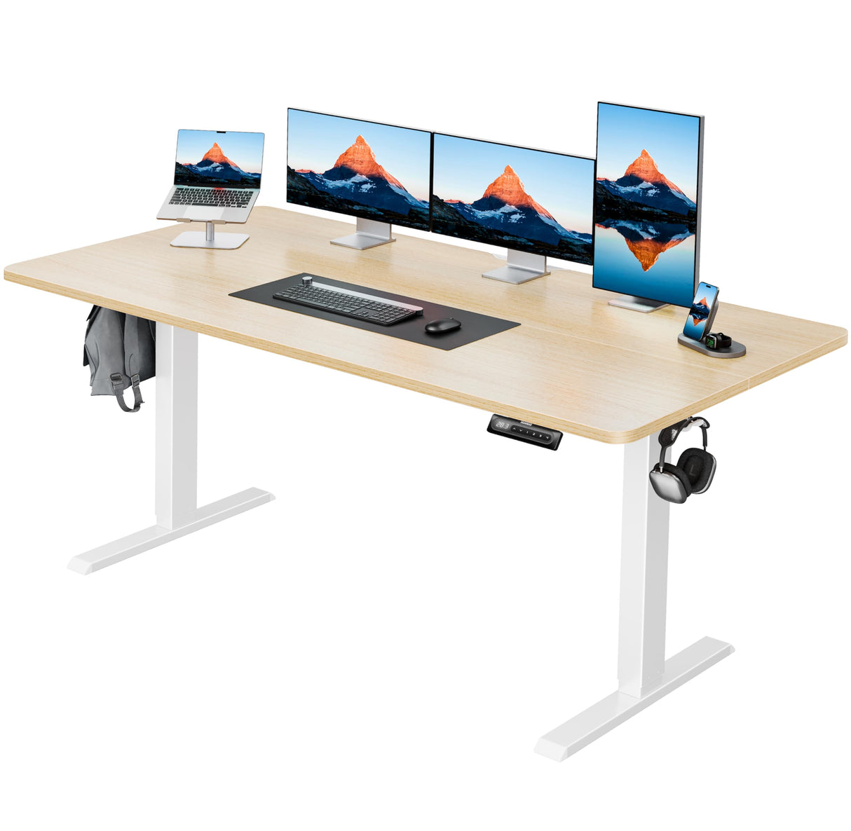 HUANUO 63" x 28" Electric Standing Desk Adjustable Height, 4 Memory Height Settings, Headphone Hook, Cable Manager, Sit Stand Up Desk for Home Office & Computer Workstation, Nature HUANUO