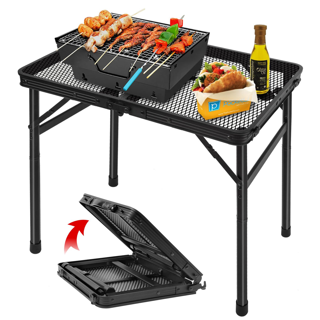 Grovind Folding Grill Table Camping Table with Mesh Desktop, Lightweight & Portable Outdoor Picnic Table, Height Adjustable Portable Grill Table for Outside Inside Use Grovind