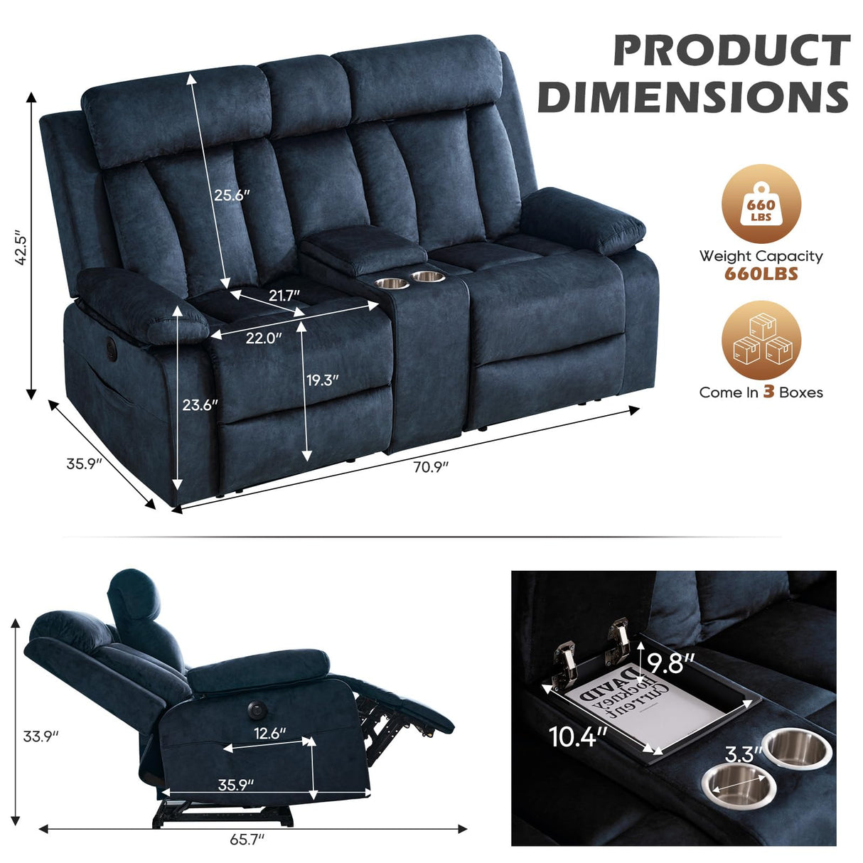 Consofa Power Reclining Loveseat with Console, Power Loveseat Recliner Sofa with Heat and Massage, Wall Hugger Loveseat Recliner with Dual Ports, Cup Holders for Living Room, RV Sofa (Blue, Loveseat) Consofa
